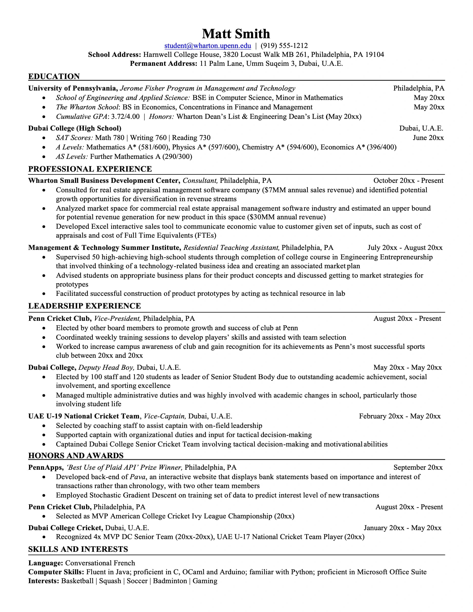 A finished one-page consulting resume