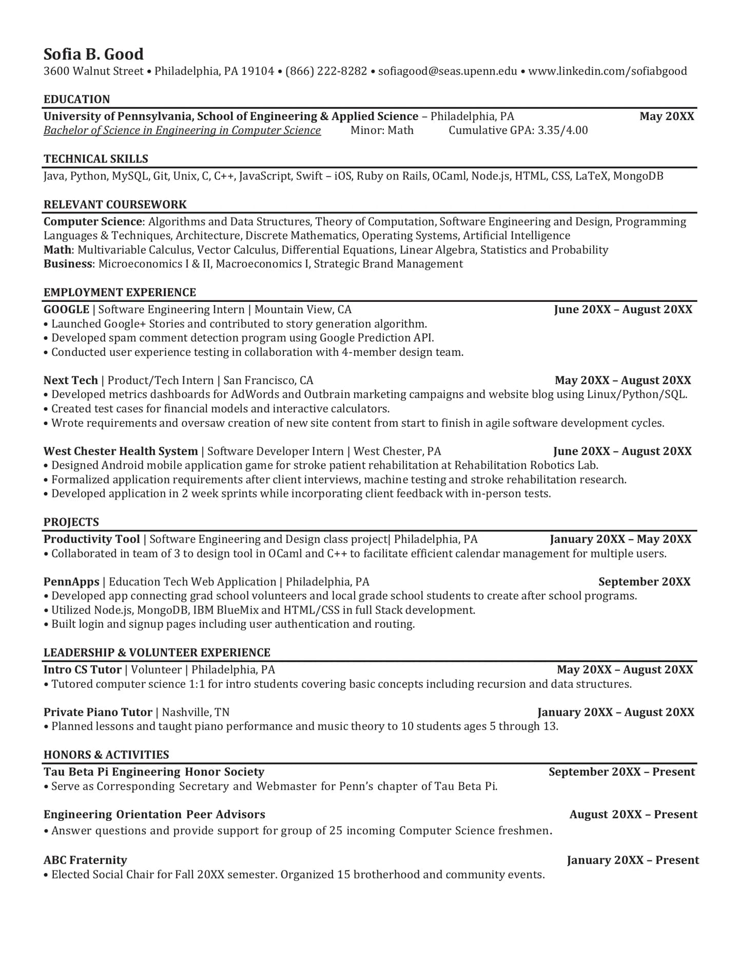 A finished one-page computer-science resume