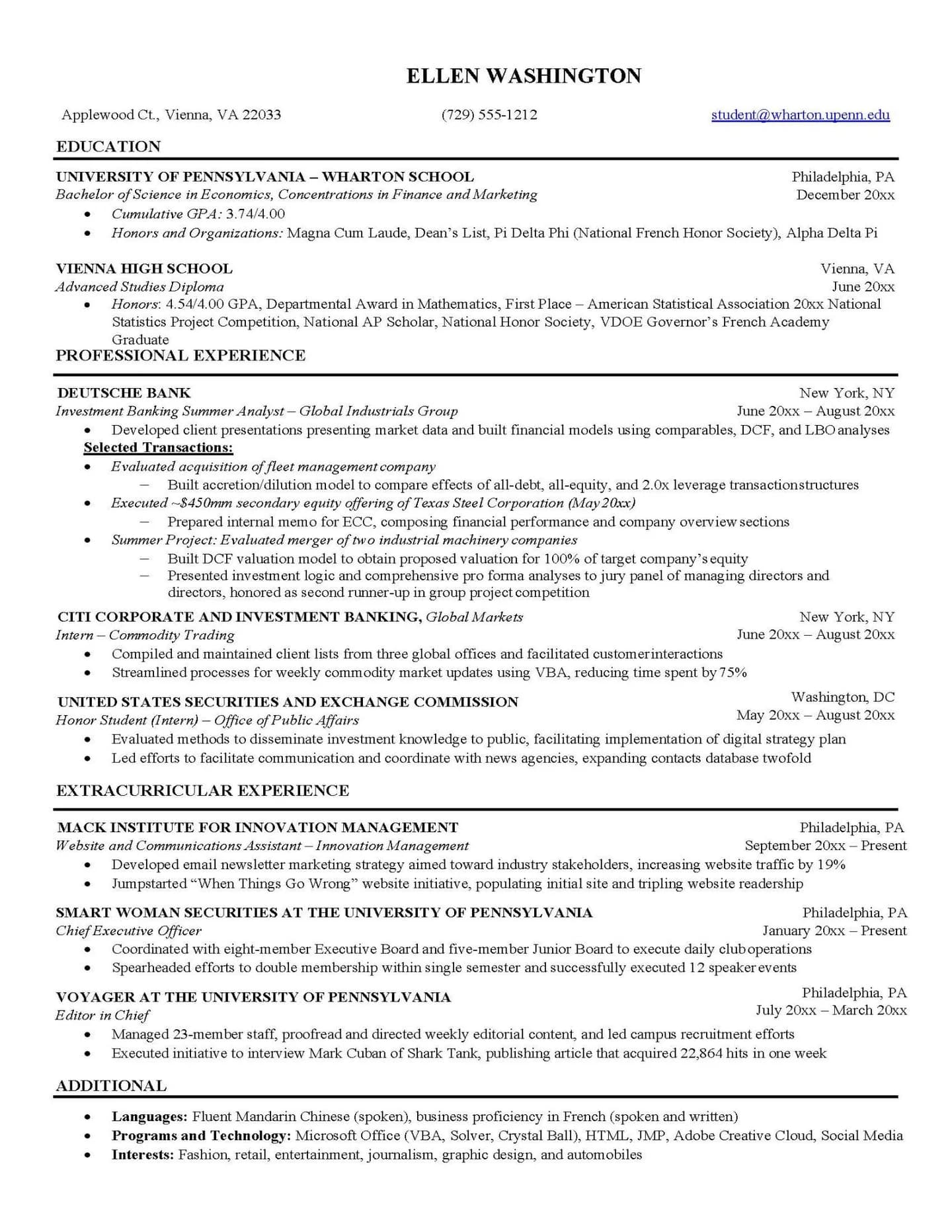 A finished one-page investment-banking resume